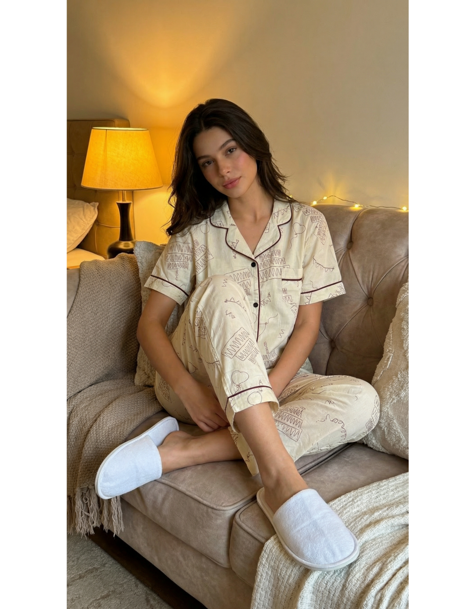 Desenli Uzun Pijama Takımı