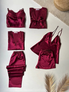 Bordo Asalet Çoklu Saten Set